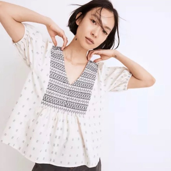 EUC Madewell Embroidered Yoke Top in clip dot Blouse V-Neck Size Large - Picture 2 of 12